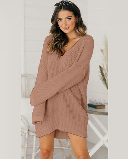 Women's Oversized V-Neck Sweater Dress with Long Sleeves