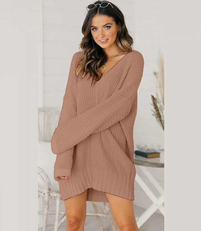 Women's Oversized V-Neck Sweater Dress with Long Sleeves