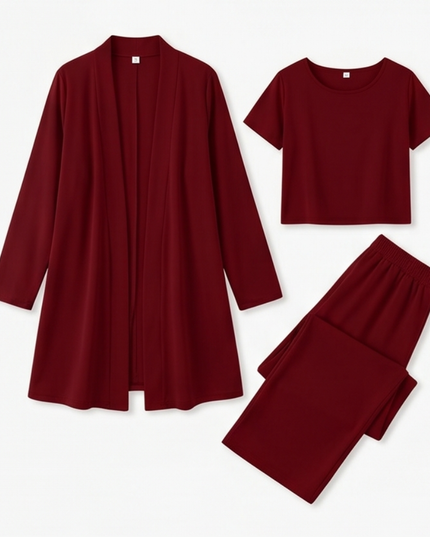 Women's Pants Set in 3 Pieces with a Long Drape Cardigan