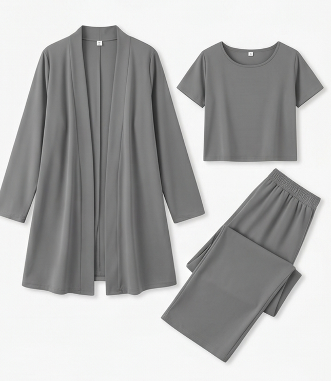 Women's Pants Set in 3 Pieces with a Long Drape Cardigan
