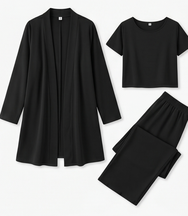 Women's Pants Set in 3 Pieces with a Long Drape Cardigan