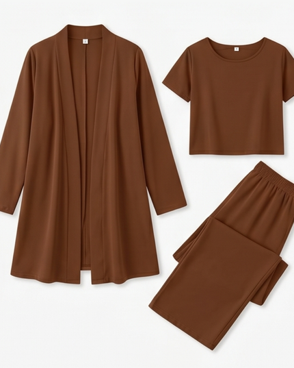 Women's Pants Set in 3 Pieces with a Long Drape Cardigan