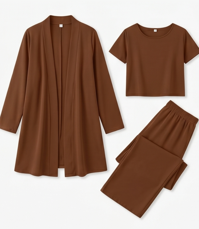 Women's Pants Set in 3 Pieces with a Long Drape Cardigan