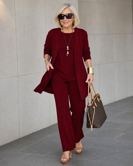 Women's Pants Set in 3 Pieces with a Long Drape Cardigan