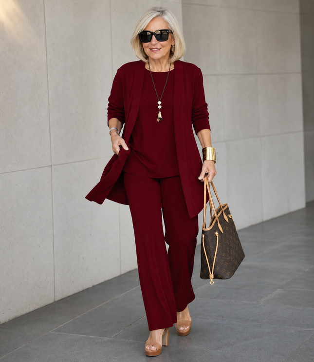 Women's Pants Set in 3 Pieces with a Long Drape Cardigan