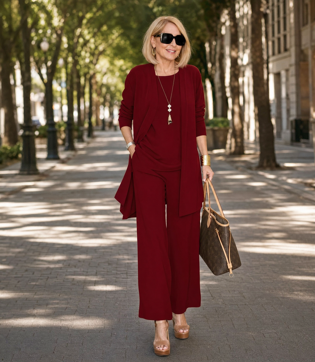 Women's Pants Set in 3 Pieces with a Long Drape Cardigan
