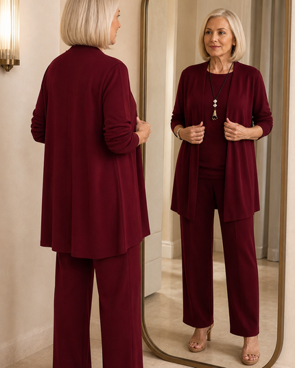Women's Pants Set in 3 Pieces with a Long Drape Cardigan