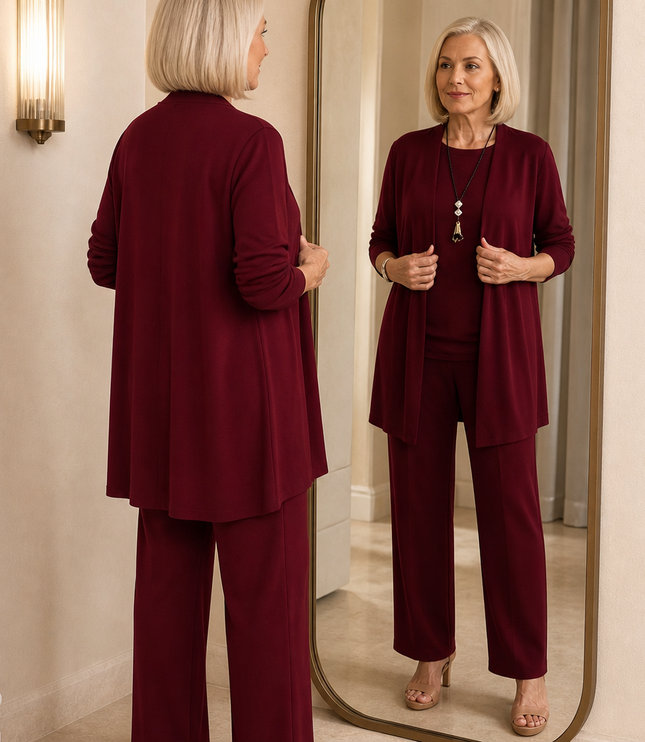 Women's Pants Set in 3 Pieces with a Long Drape Cardigan