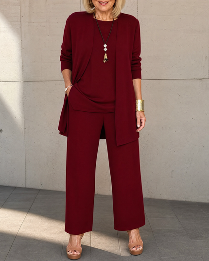 Women's Pants Set in 3 Pieces with a Long Drape Cardigan