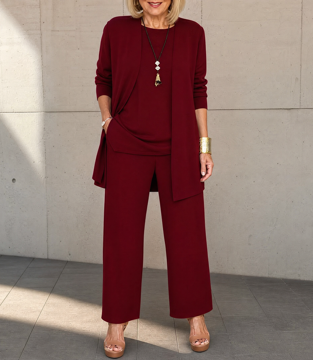 Women's Pants Set in 3 Pieces with a Long Drape Cardigan