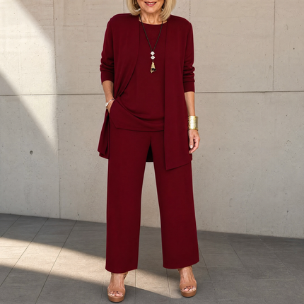 Women's Pants Set in 3 Pieces with a Long Drape Cardigan