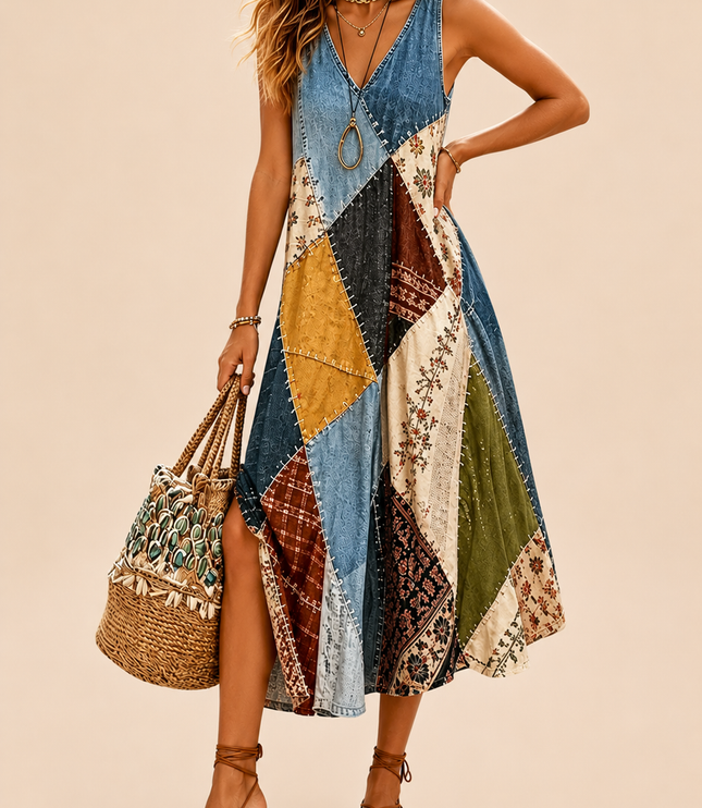 Women's Patchwork Print Midi Dress with Side Slit