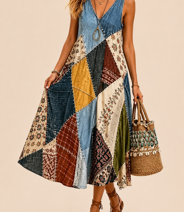 Women's Patchwork Print Midi Dress with Side Slit