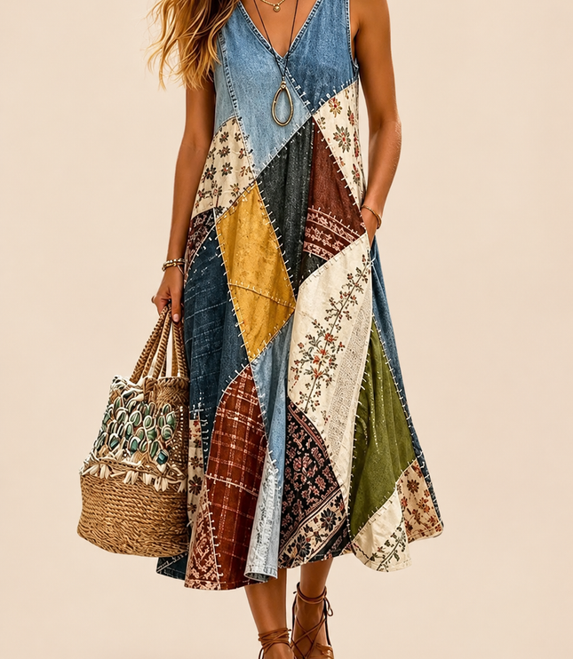 Women's Patchwork Print Midi Dress with Side Slit