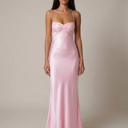 Pink beaded halter maxi dress with ruched sweetheart bodice and satin skirt