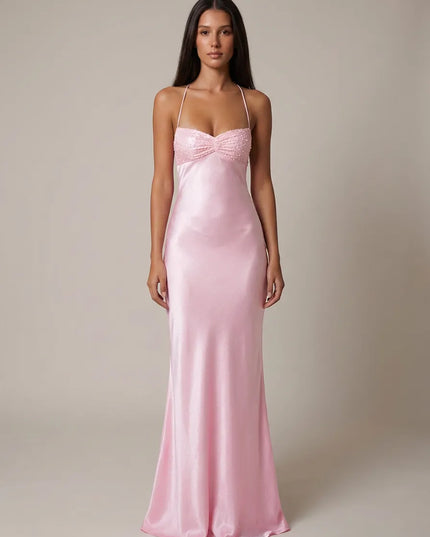 Pink beaded halter maxi dress with ruched sweetheart bodice and satin skirt