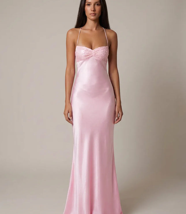 Pink beaded halter maxi dress with ruched sweetheart bodice and satin skirt