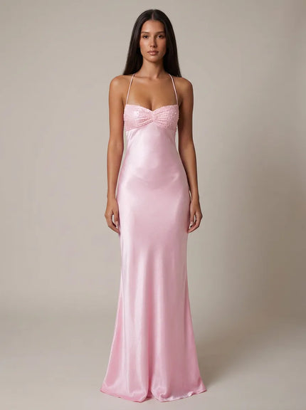 Pink beaded halter maxi dress with ruched sweetheart bodice and satin skirt