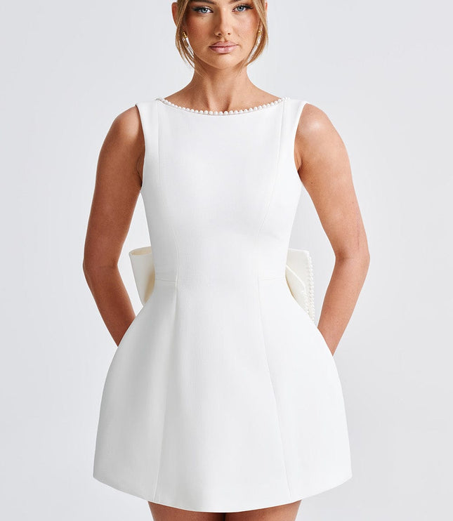 Women's Pearl Neck A-Line Mini Dress for Wedding Guests