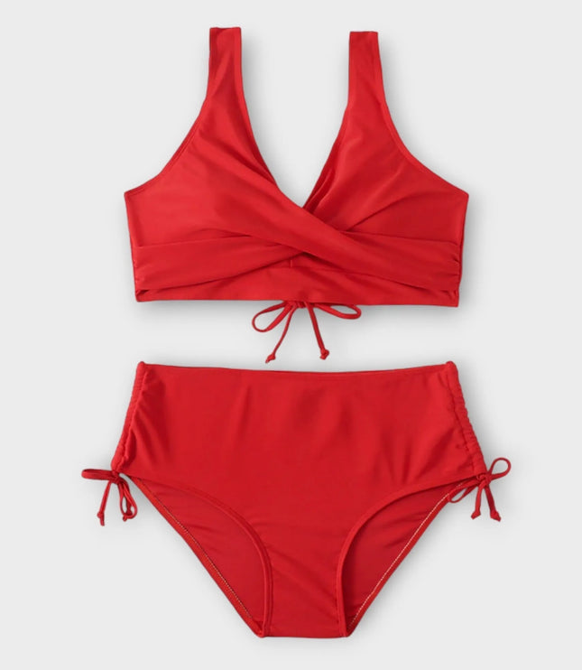 Red two-piece wrap bikini with crossover top and adjustable tie-side bottoms