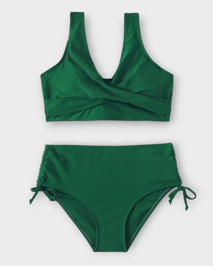 Green wrap crossover bikini with v-neckline top and ruched tie-side bottoms