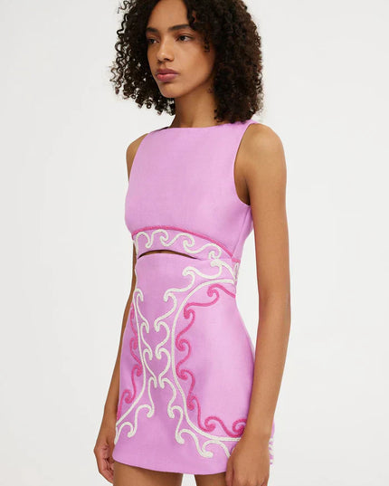 Women's Pink Cut Out Bodycon Mini Dress with Embroidered Detail