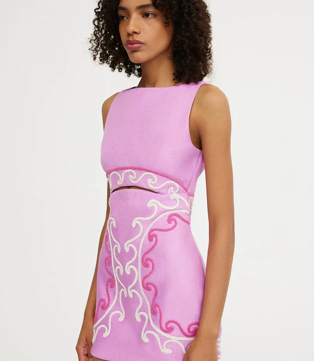 Women's Pink Cut Out Bodycon Mini Dress with Embroidered Detail