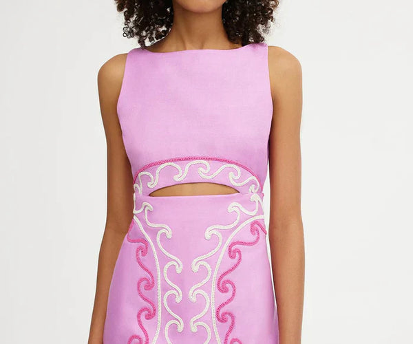 Women's Pink Cut Out Bodycon Mini Dress with Embroidered Detail - Pink / XL - Fashion