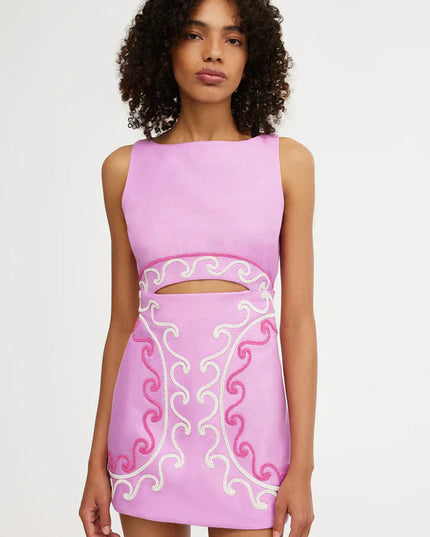Women's Pink Cut Out Bodycon Mini Dress with Embroidered Detail