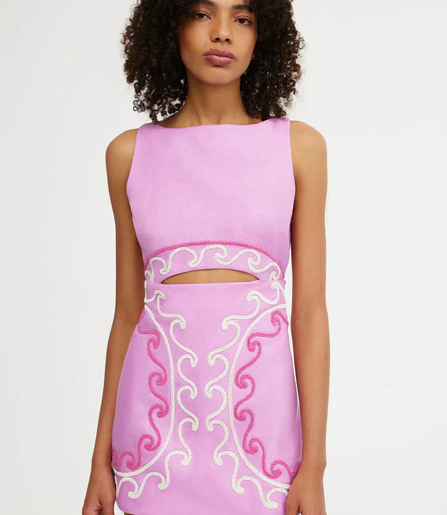 Women's Pink Cut Out Bodycon Mini Dress with Embroidered Detail