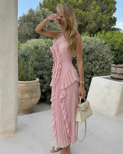 Women's Pink Halter Ruffle Maxi Dress