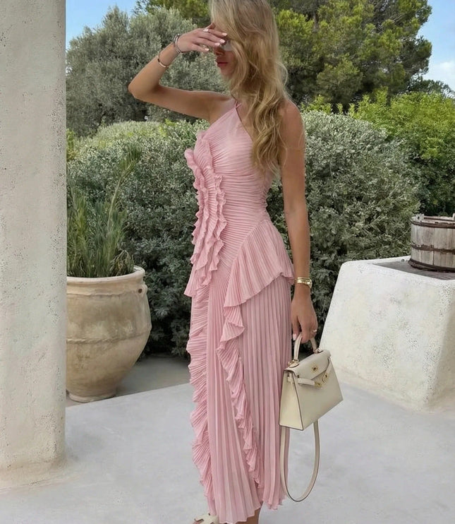 Women's Pink Halter Ruffle Maxi Dress