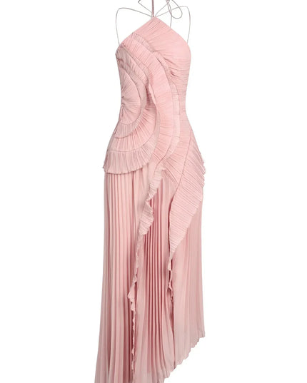 Women's Pink Halter Ruffle Maxi Dress