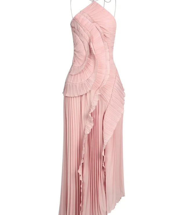 Women's Pink Halter Ruffle Maxi Dress