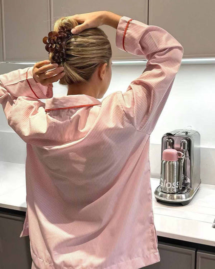 Women's Pink Pinstripe Pajama Set with Heart Buttons