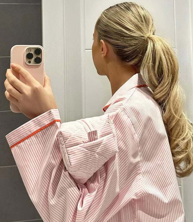 Women's Pink Pinstripe Pajama Set with Heart Buttons