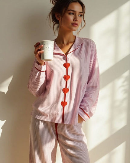 Women's Pink Pinstripe Pajama Set with Heart Buttons