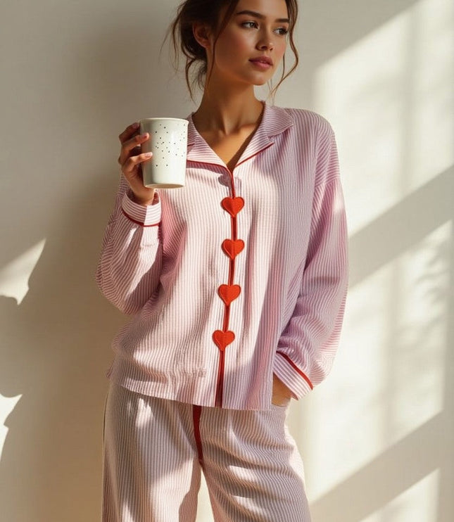Women's Pink Pinstripe Pajama Set with Heart Buttons
