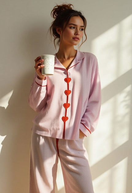 Women's Pink Pinstripe Pajama Set with Heart Buttons