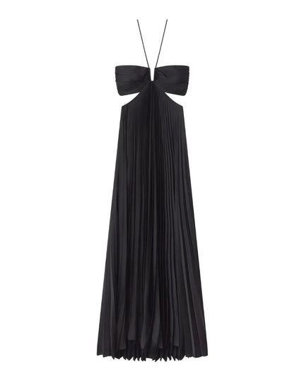 Black maxi halter party dress displayed flat with pleated skirt and shoulder straps