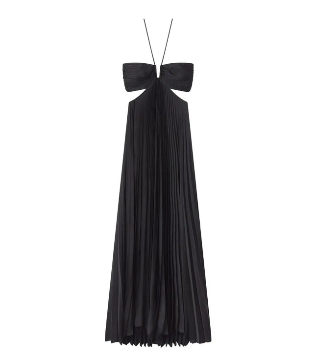 Black maxi halter party dress displayed flat with pleated skirt and shoulder straps