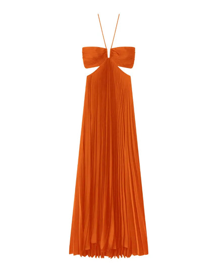 Orange halter maxi dress front detail with pleated skirt and neckline straps