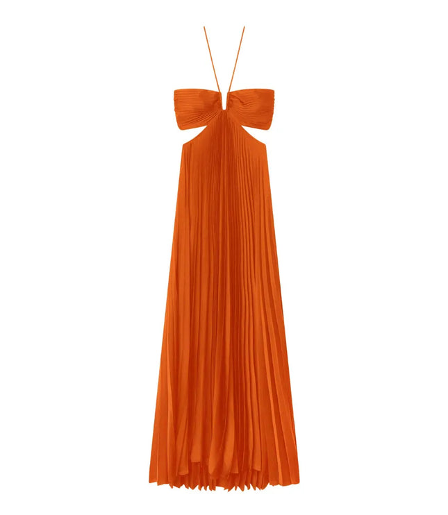 Orange halter maxi dress front detail with pleated skirt and neckline straps