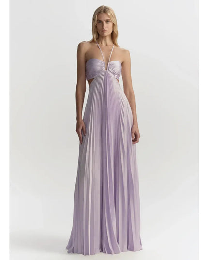 Close-up of pale yellow halter maxi party dress showing ruched bodice and cutout