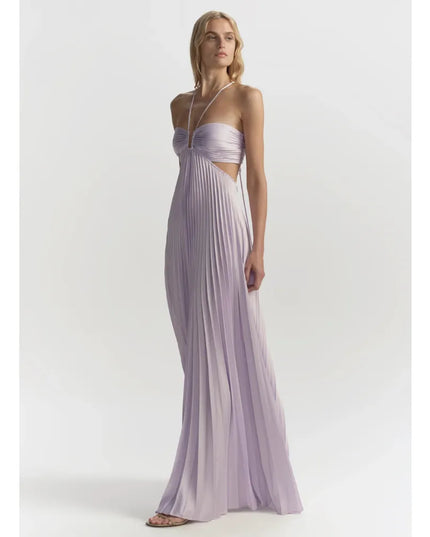 Lavender halter maxi party dress with pleated skirt and fitted ruched bust