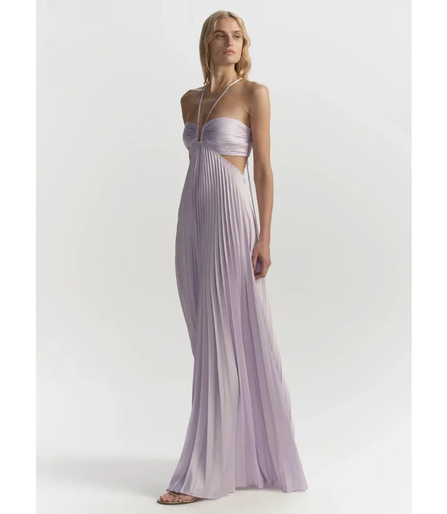 Lavender halter maxi party dress with pleated skirt and fitted ruched bust