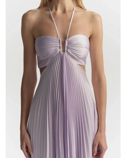 Lavender maxi halter party dress with pleated bodice and flowing skirt, front view