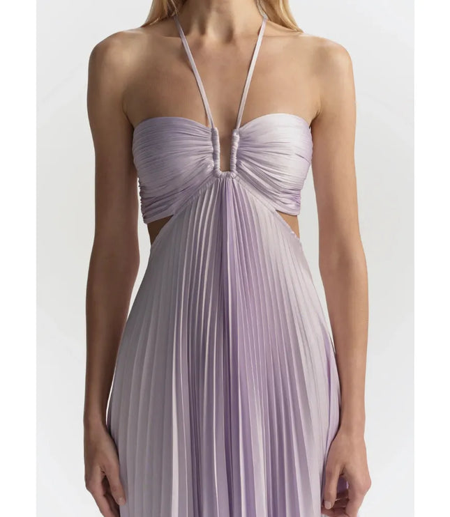 Lavender maxi halter party dress with pleated bodice and flowing skirt, front view