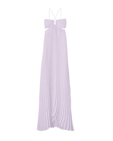 Lavender pleated maxi halter party dress shown full length on white background