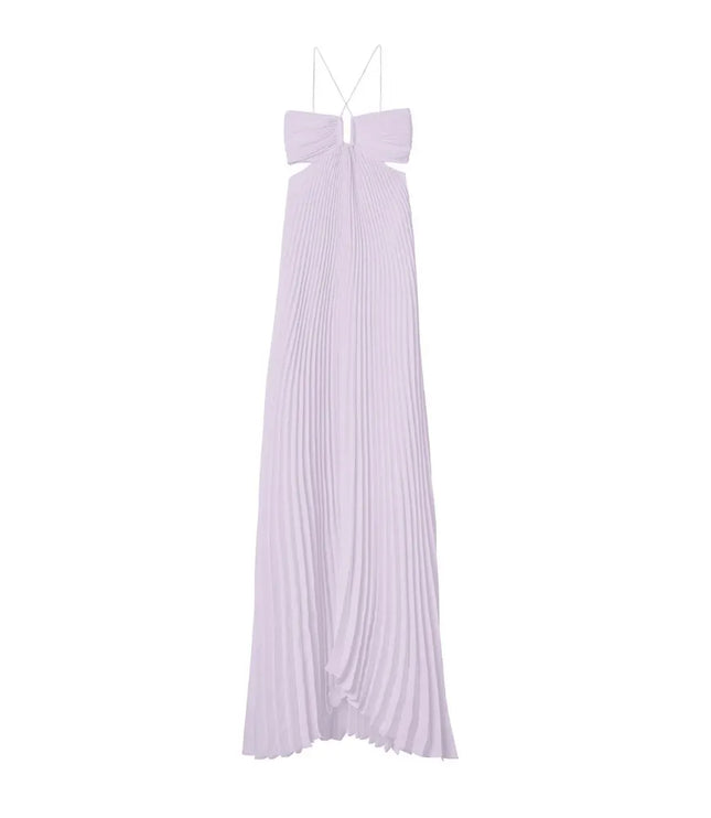 Lavender pleated maxi halter party dress shown full length on white background